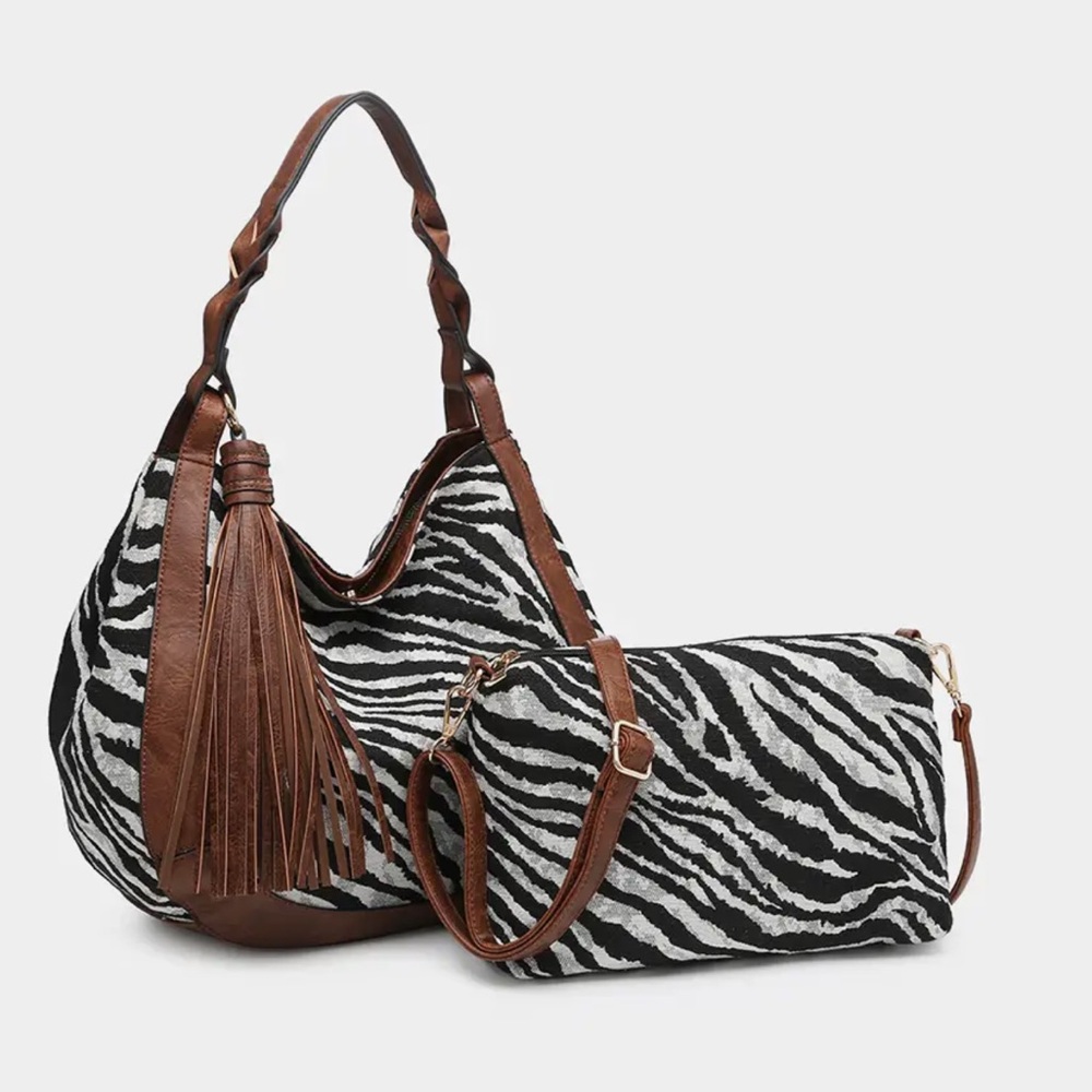 ShopEvelynne Zebra Pattern Hobo Bag Set with Brown Details